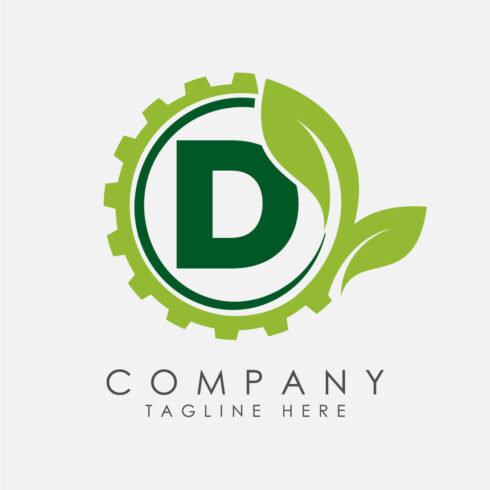 English alphabet D with gear and leaf Eco technology logo, Green eco tech logo template design vector Nature Industry cover image.