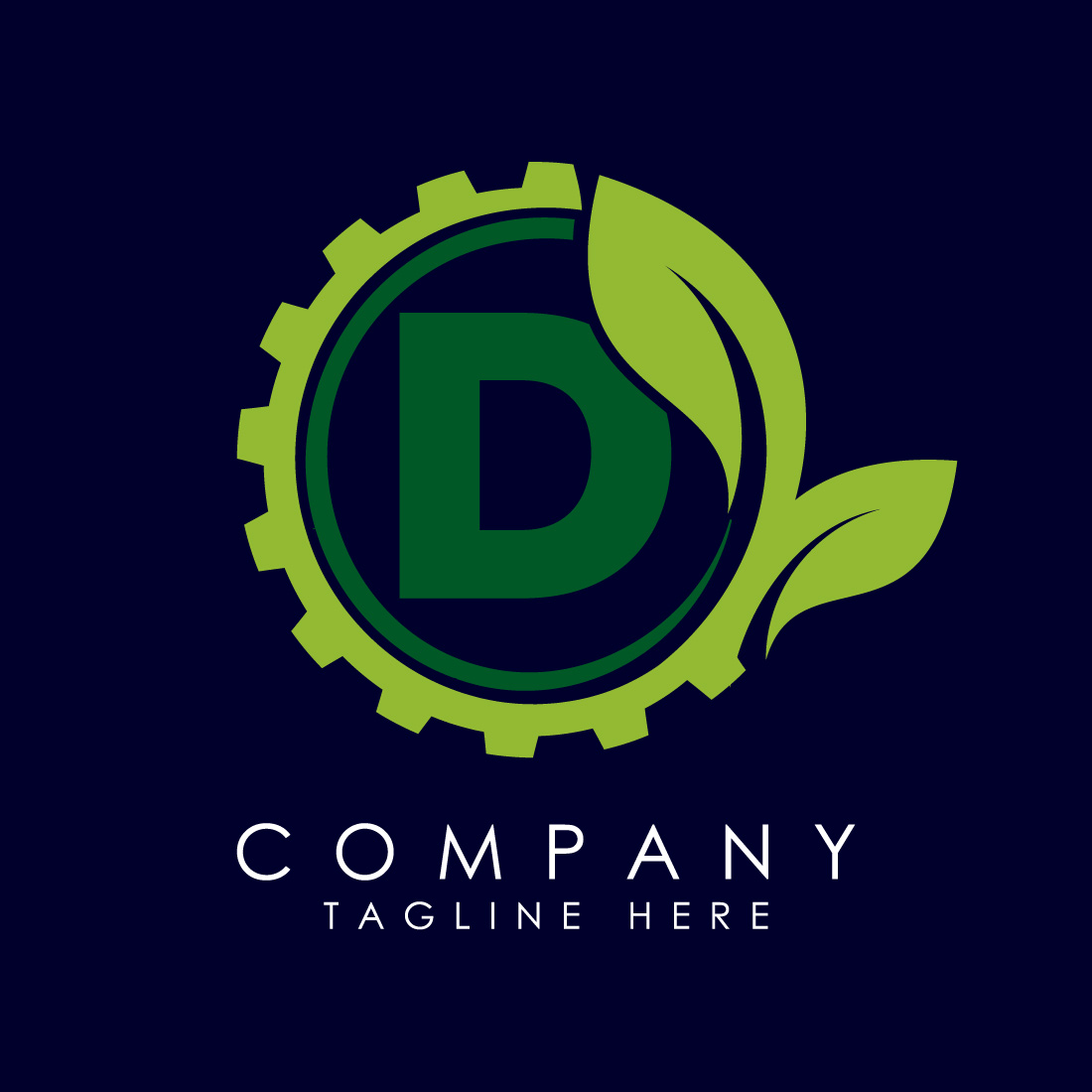 English alphabet D with gear and leaf Eco technology logo, Green eco tech logo template design vector Nature Industry preview image.
