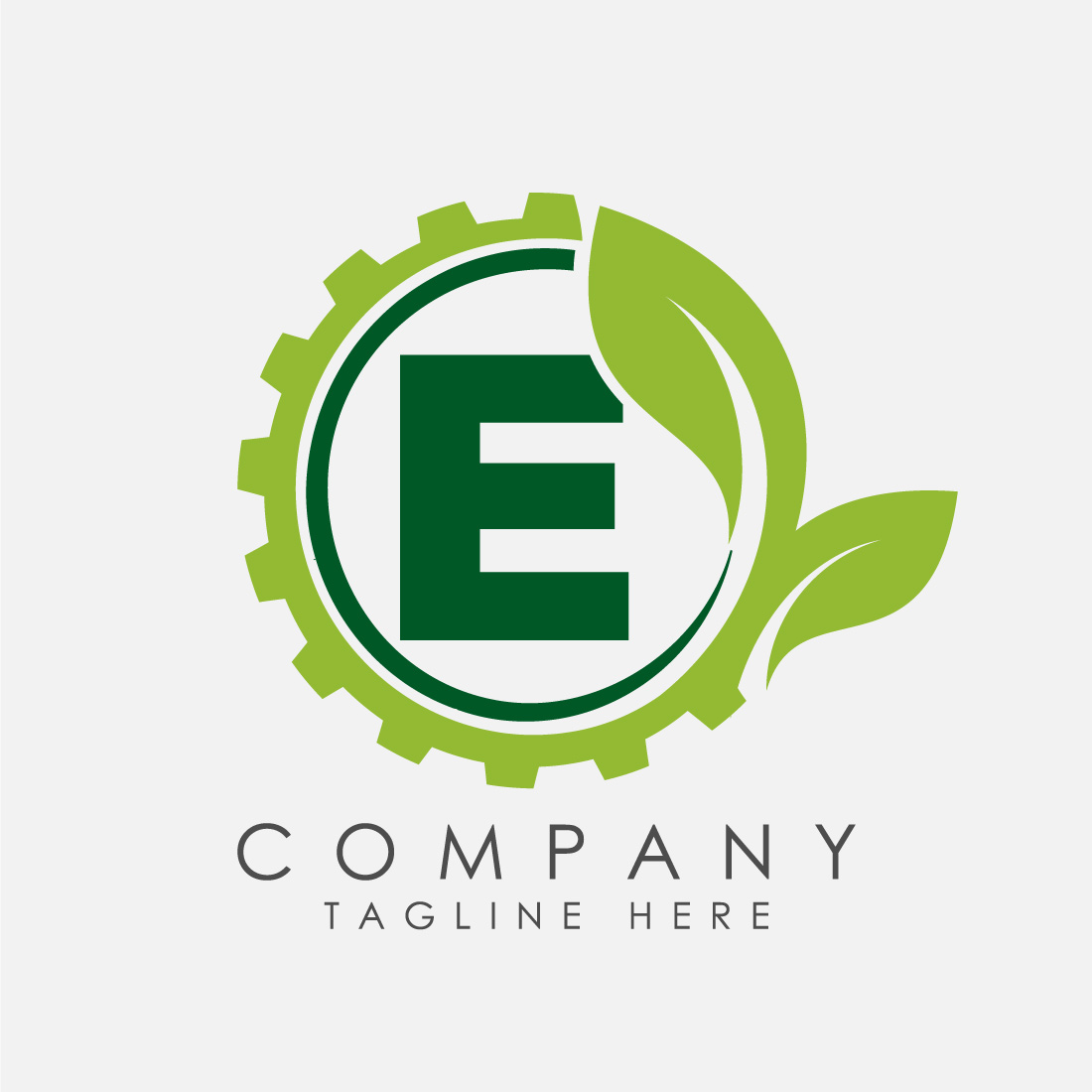 English alphabet E with gear and leaf Eco technology logo, Green eco tech logo template design vector Nature Industry cover image.