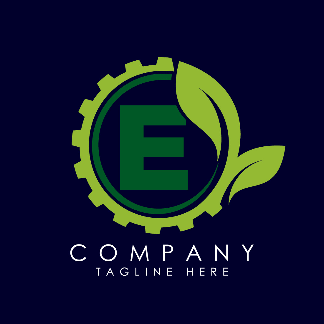 English alphabet E with gear and leaf Eco technology logo, Green eco tech logo template design vector Nature Industry preview image.