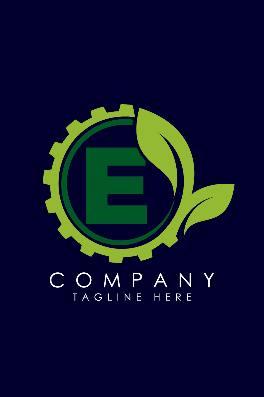 English alphabet E with gear and leaf Eco technology logo, Green eco tech logo template design vector Nature Industry pinterest preview image.