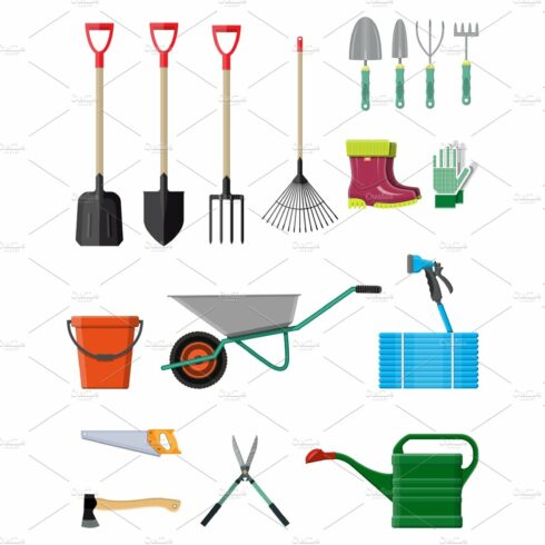 Gardening tools set. Equipment for cover image.
