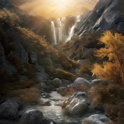 Beautiful vertical landscape with tall mountains, waterfall and a river. Ge... cover image.