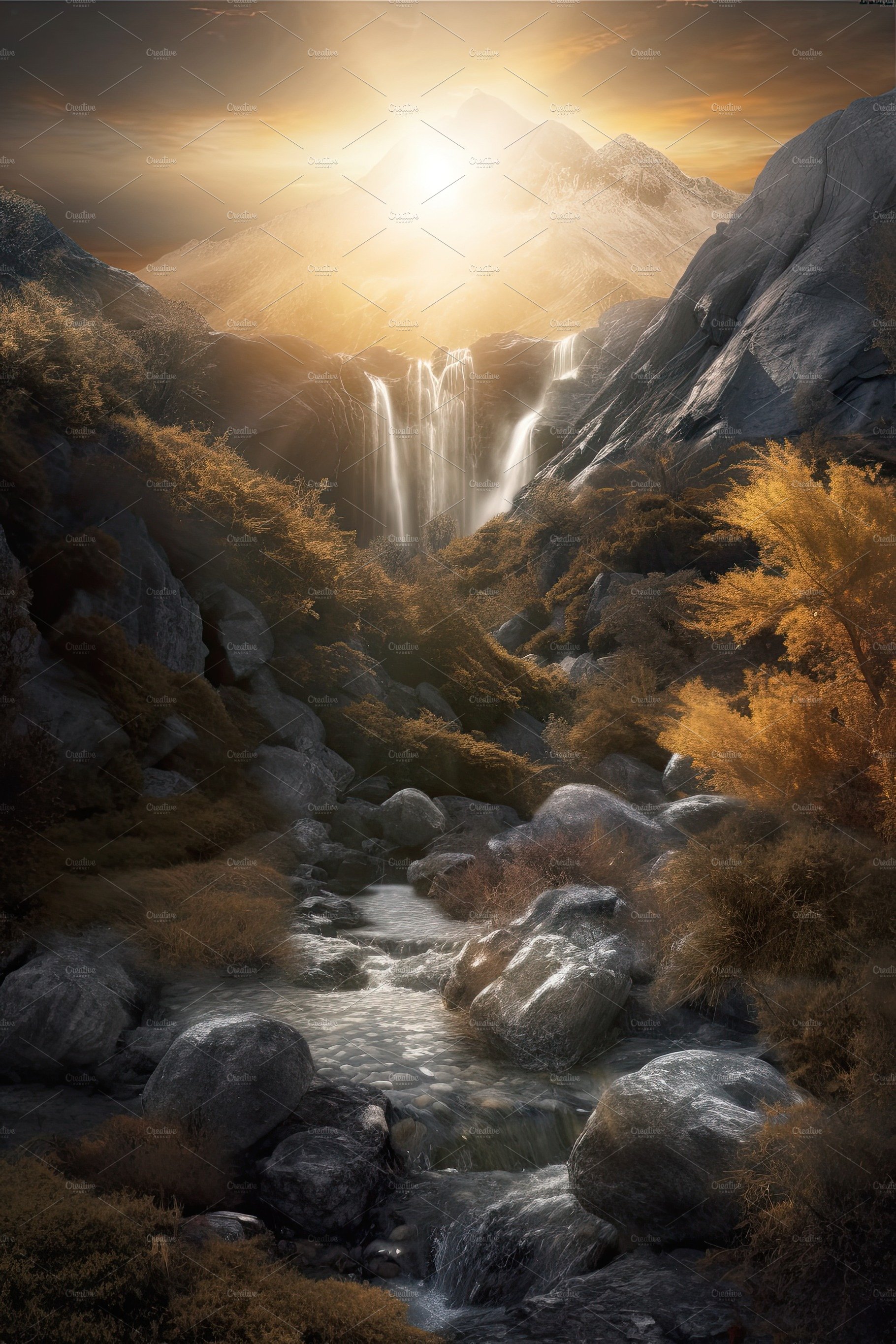 Beautiful vertical landscape with tall mountains, waterfall and a river. Ge... cover image.