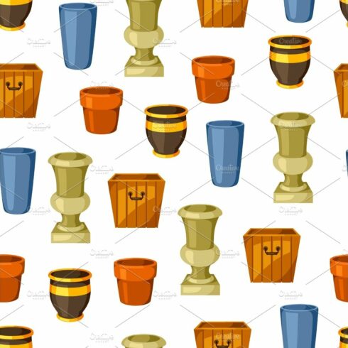 Garden pots. Seamless pattern with various color flowerpots cover image.