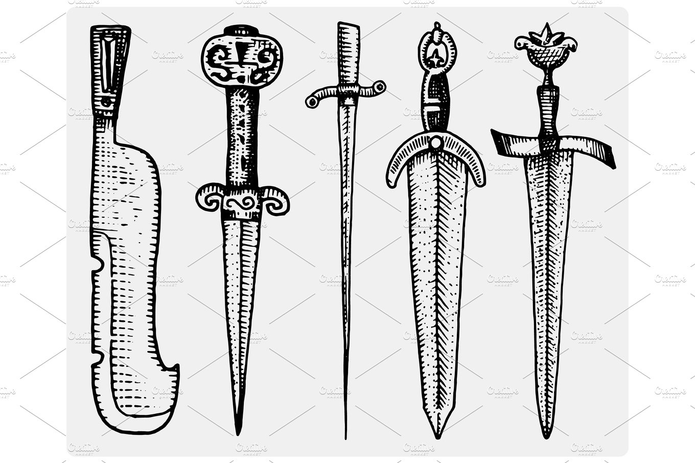 medieval symbols big set of swords, knife and mace vintage, engraved hand d... cover image.