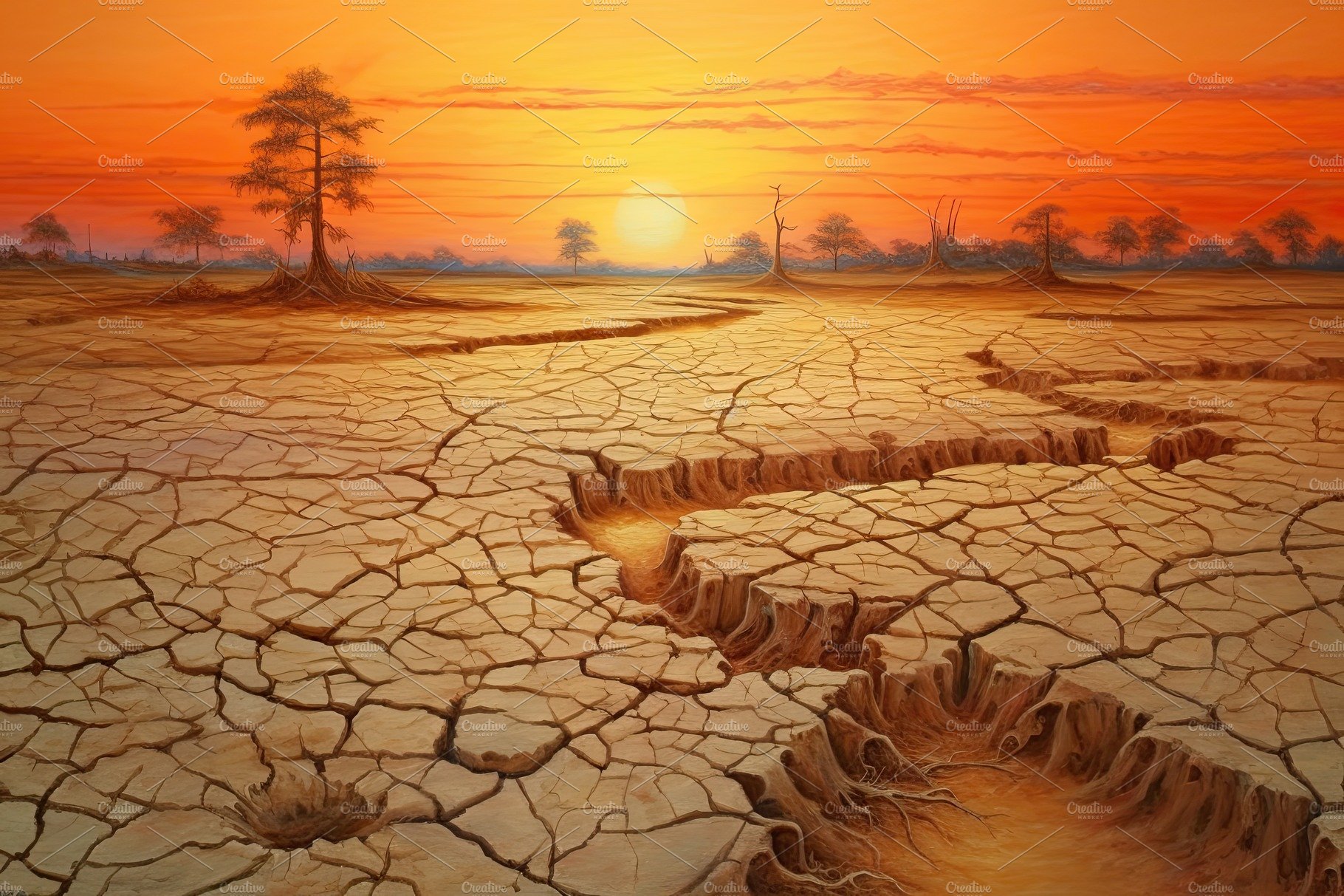 Dry land at sunset, representing drought and lack of water, climate change ... cover image.