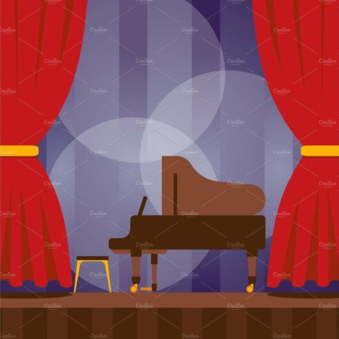 Piano on stage, vector illustration cover image.