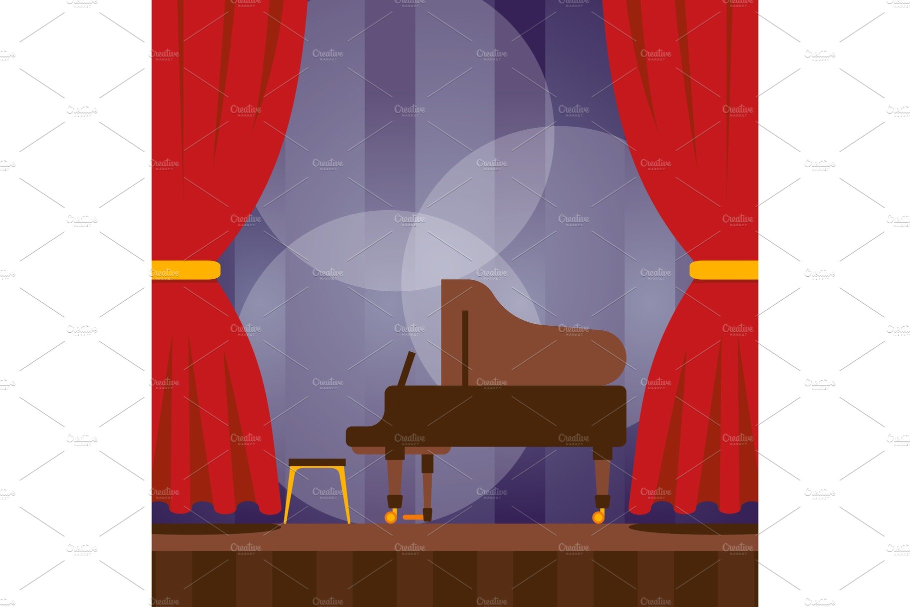 Piano on stage, vector illustration cover image.