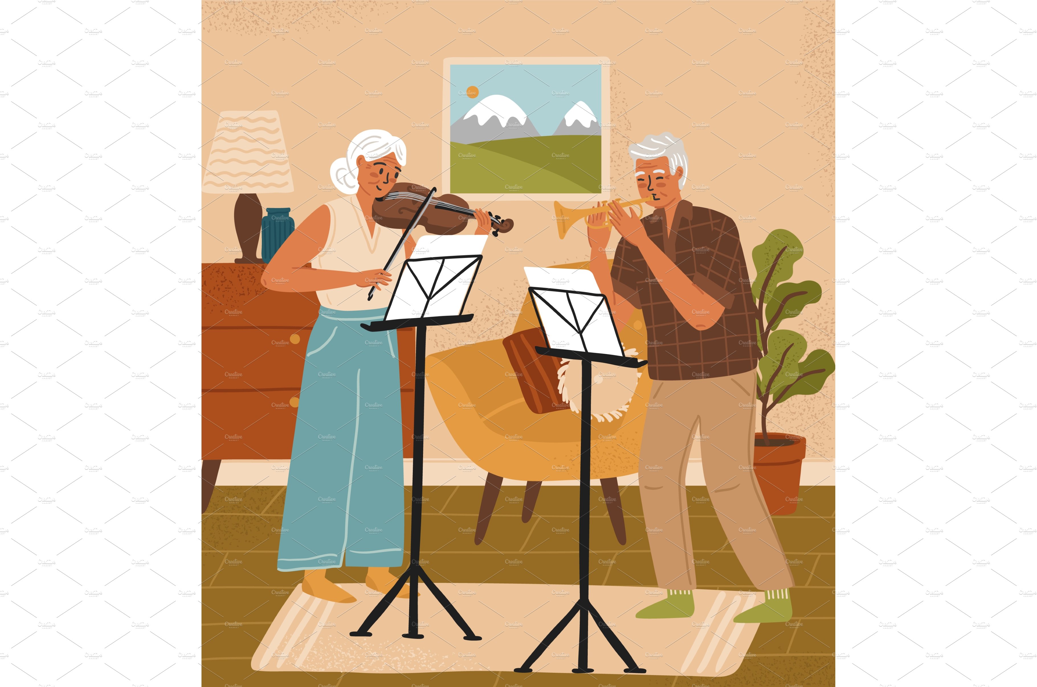 Senior couple with music instruments cover image.