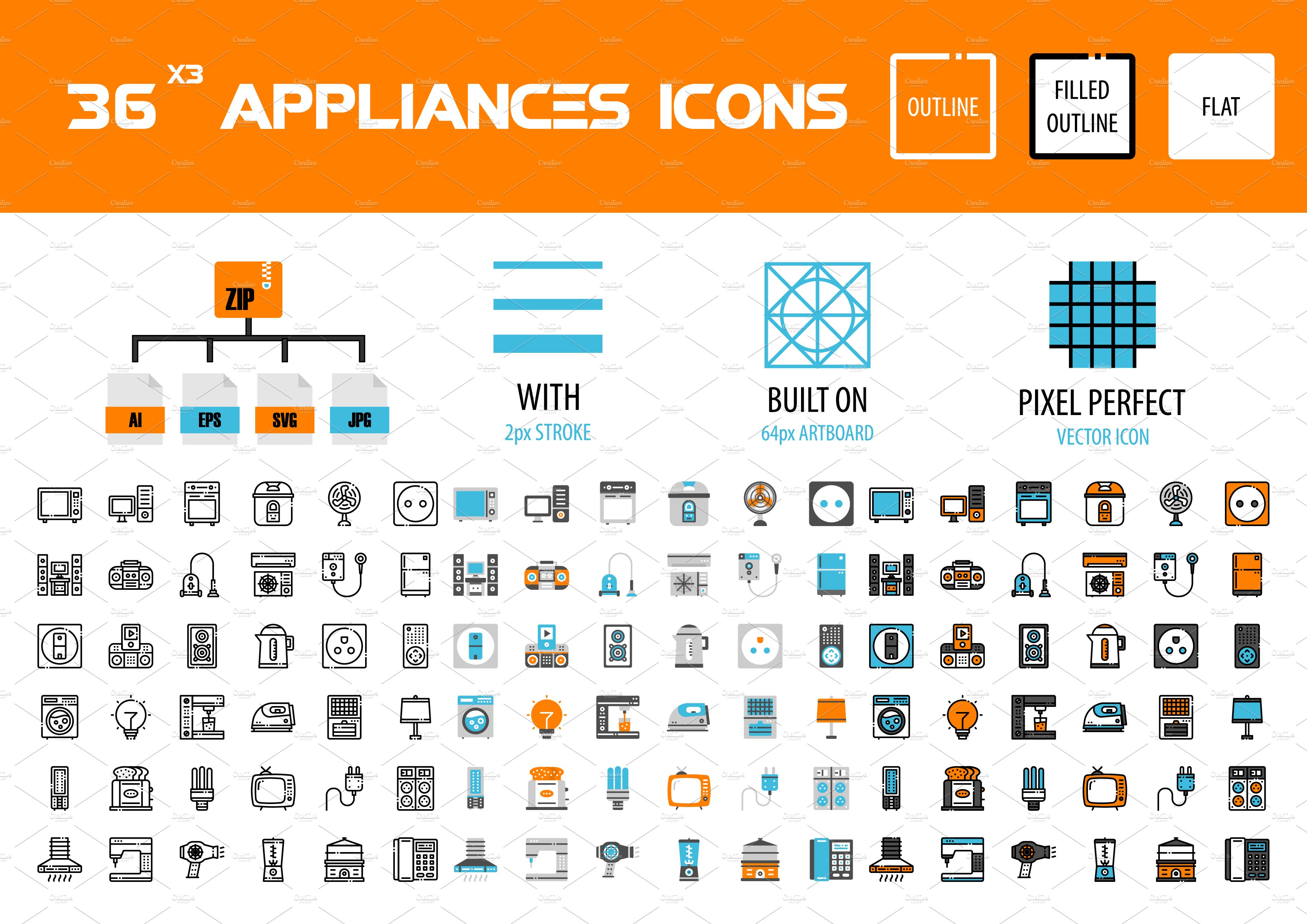 36x3 Home appliances icons preview image.