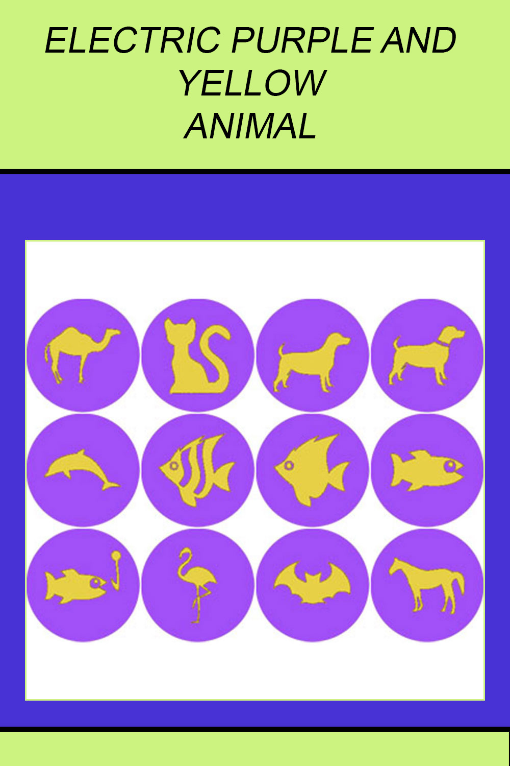 ELECTRIC PURPLE AND YELLOW ANIMAL ICONS pinterest preview image.