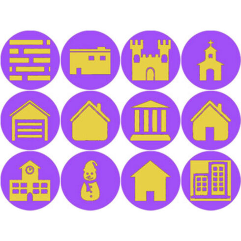 ELECTRIC PURPLE AND YELLOW BUILDING ICONS cover image.