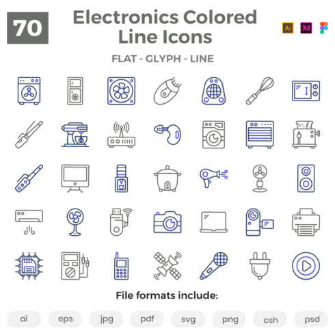 70 Appliance and Electronics Colored Line Icons cover image.