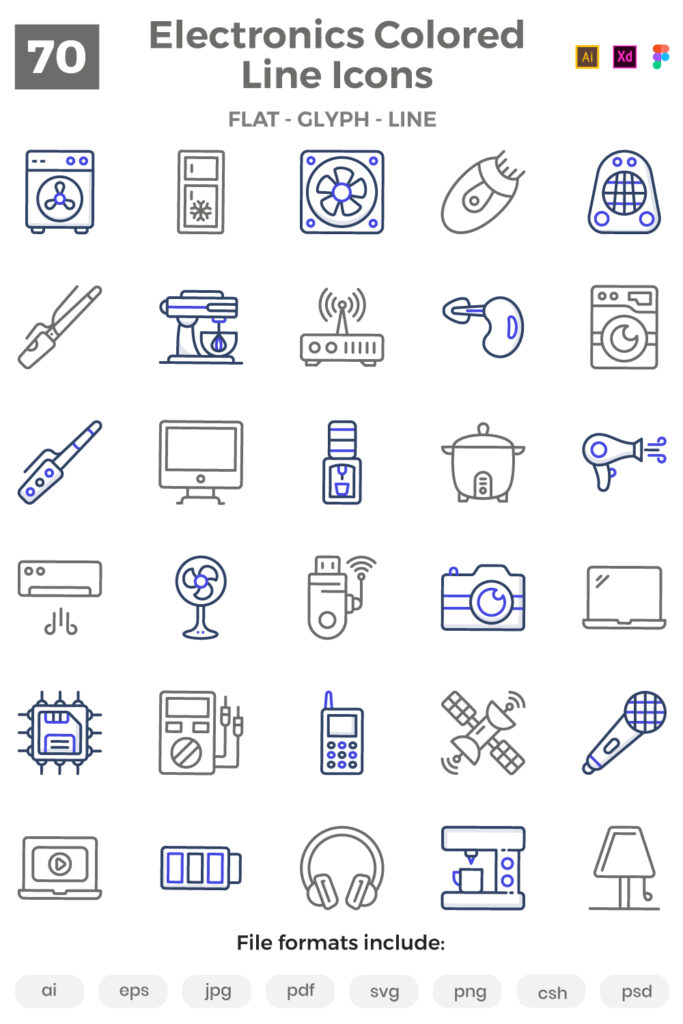 70 Appliance and Electronics Colored Line Icons - MasterBundles