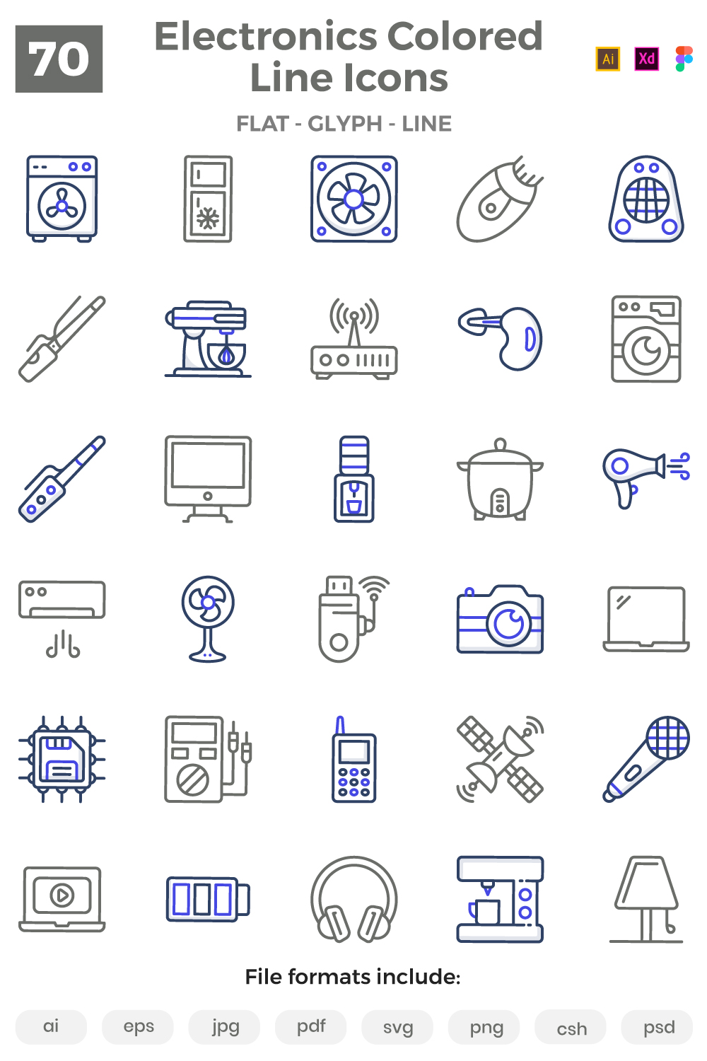 70 Appliance and Electronics Colored Line Icons pinterest preview image.