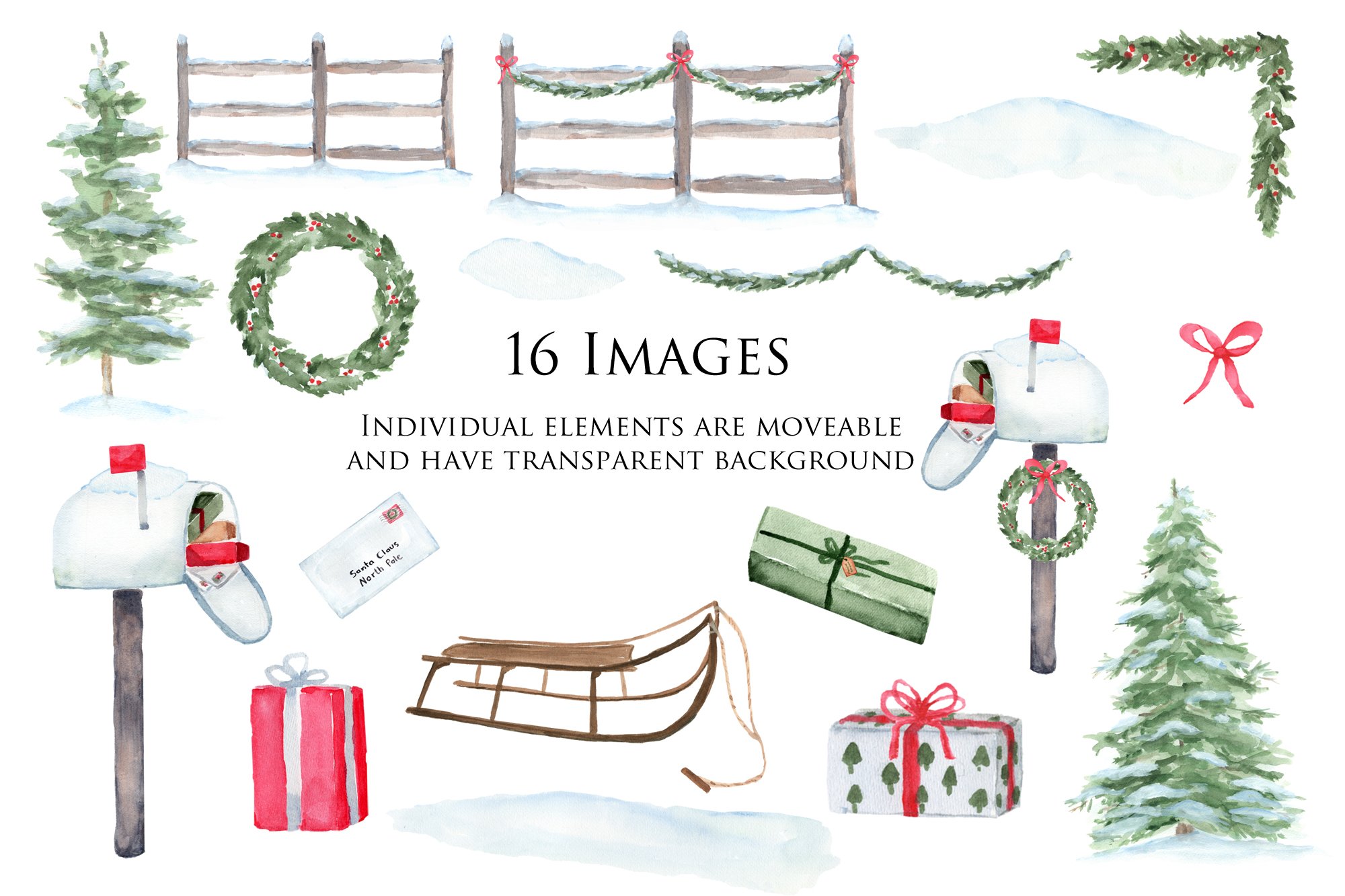 Christmas Mail Watercolor Clip Art preview image.