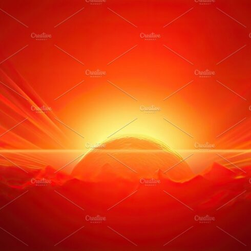 Hot sunset with a red sun on the background in the summer. Generative AI cover image.