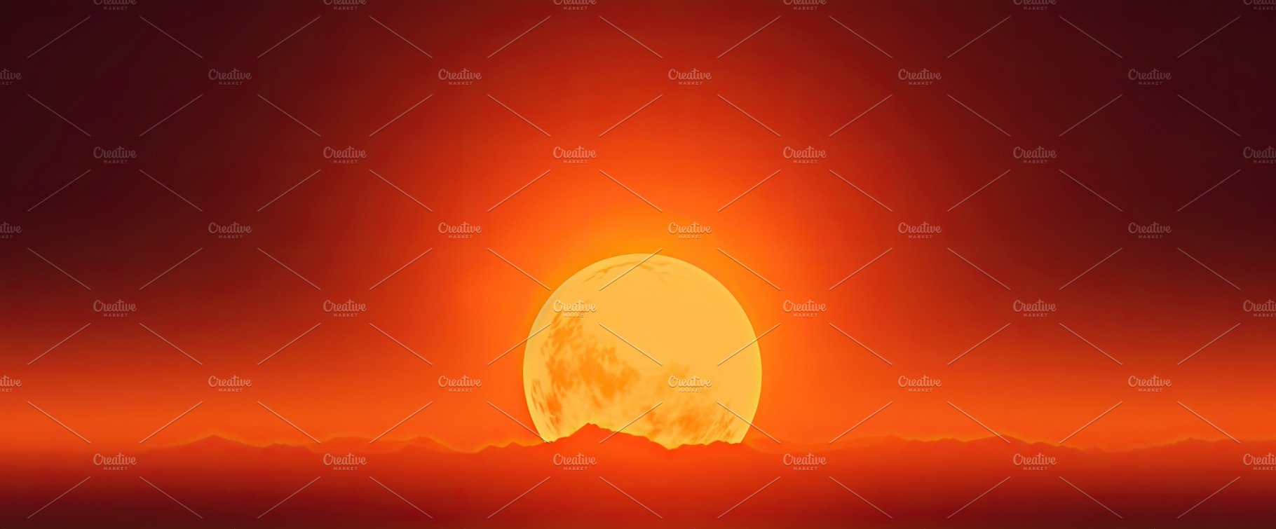 Hot sunset with a red sun on the background in the summer. Generative AI cover image.