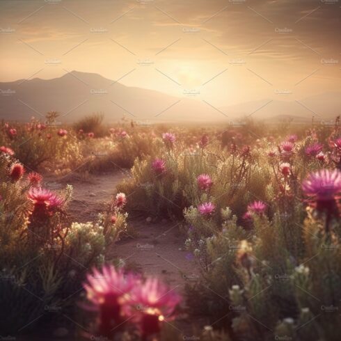 Amazing sunset over a beautiful landscape covered of flowers. Generative AI cover image.