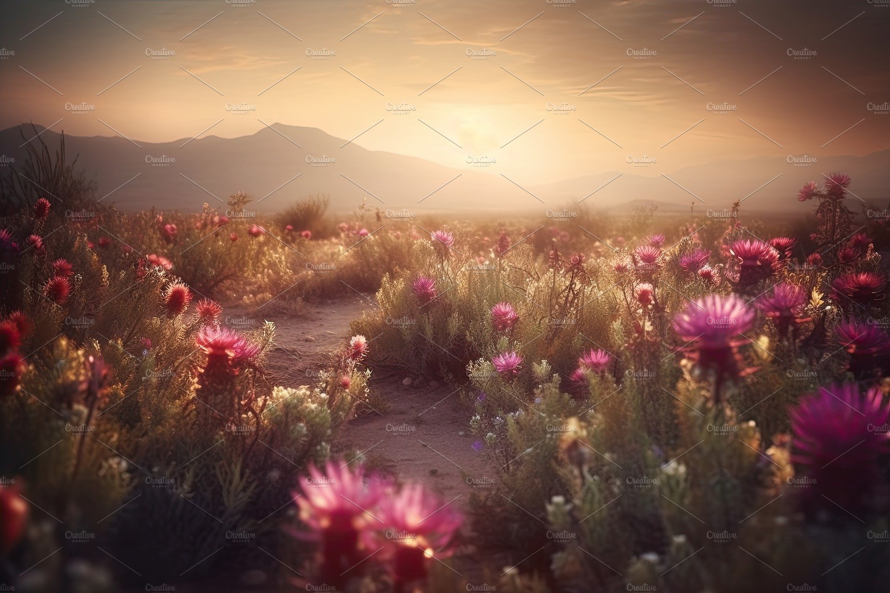 Amazing sunset over a beautiful landscape covered of flowers. Generative AI cover image.