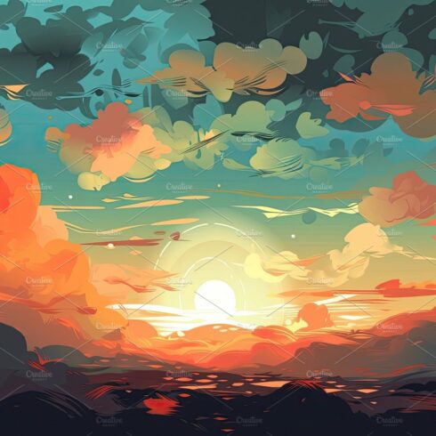 Illustrated sky with clouds, sun, stars, and sunrise or sunset. cover image.