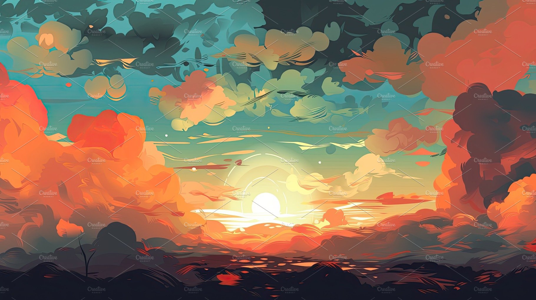 Illustrated sky with clouds, sun, stars, and sunrise or sunset. cover image.