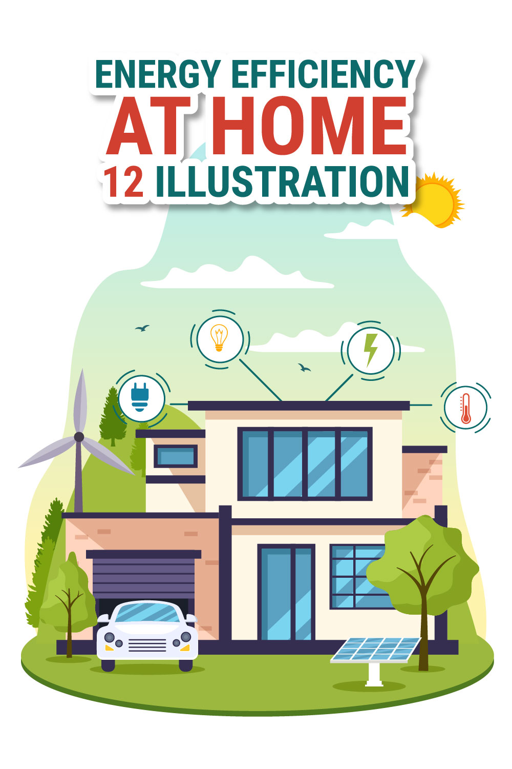 12 Energy Efficient at Home Illustration pinterest preview image.