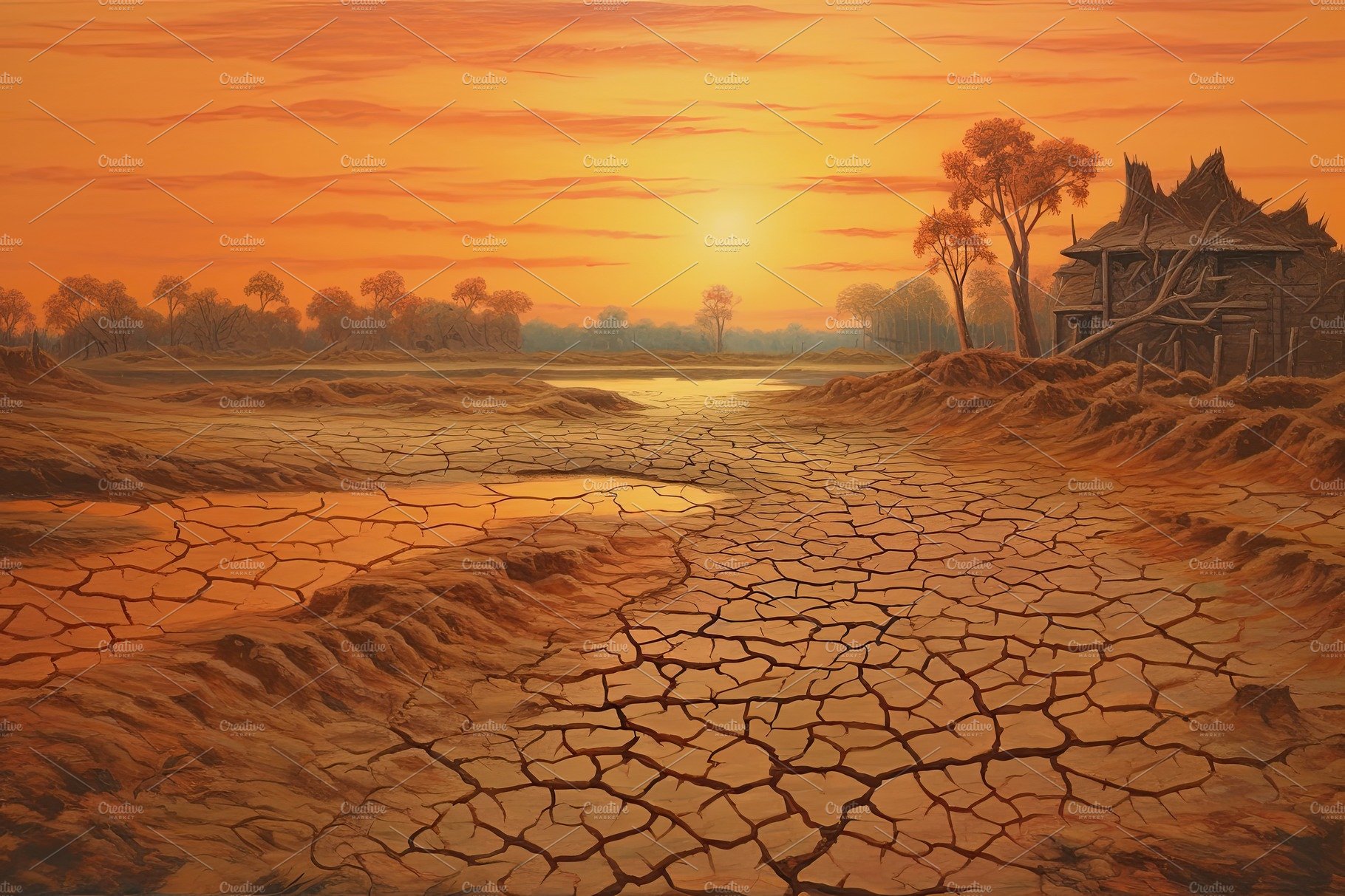 Dry land at sunset, representing drought and lack of water, climate change ... cover image.