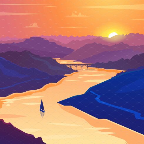 Sunset landscape. Vector cover image.