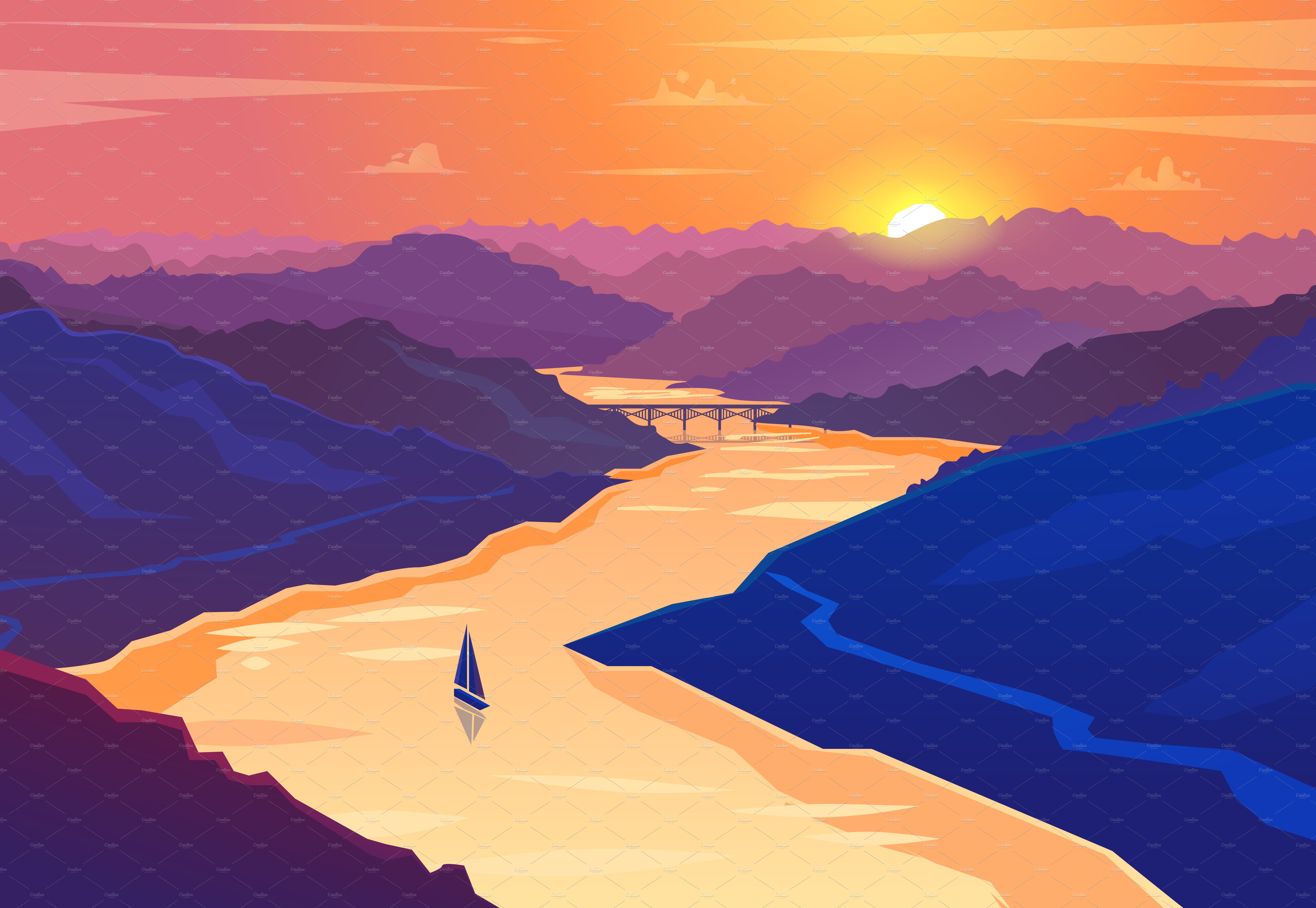 Sunset landscape. Vector cover image.