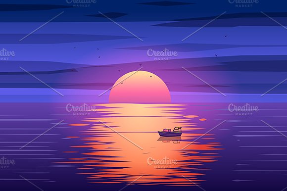 Fishing boat sunset vector cover image.