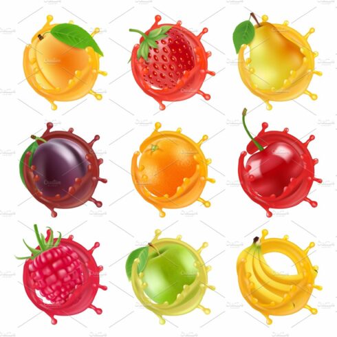 Fruits in juicy splashes. Vector cover image.