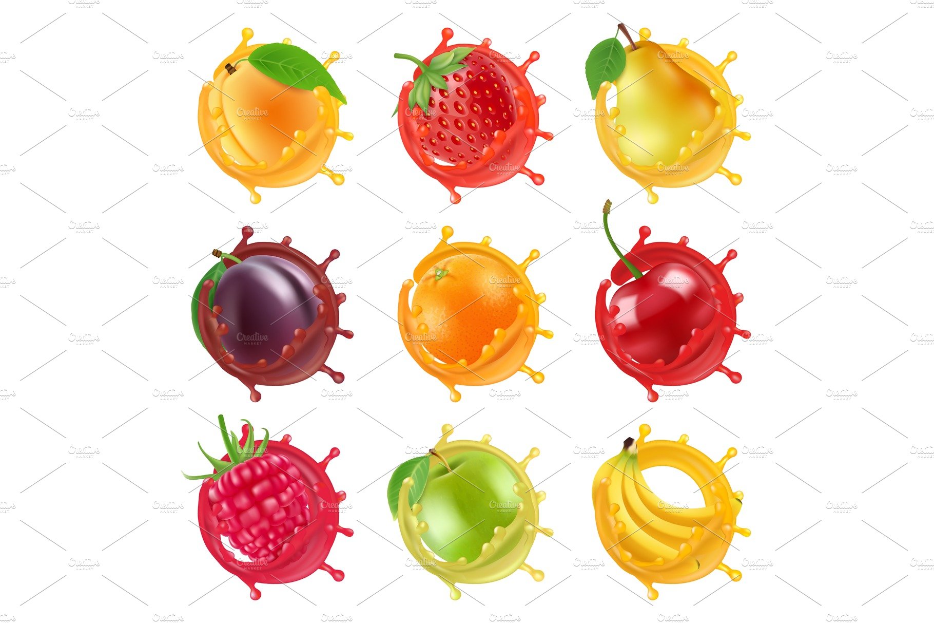Fruits in juicy splashes. Vector cover image.
