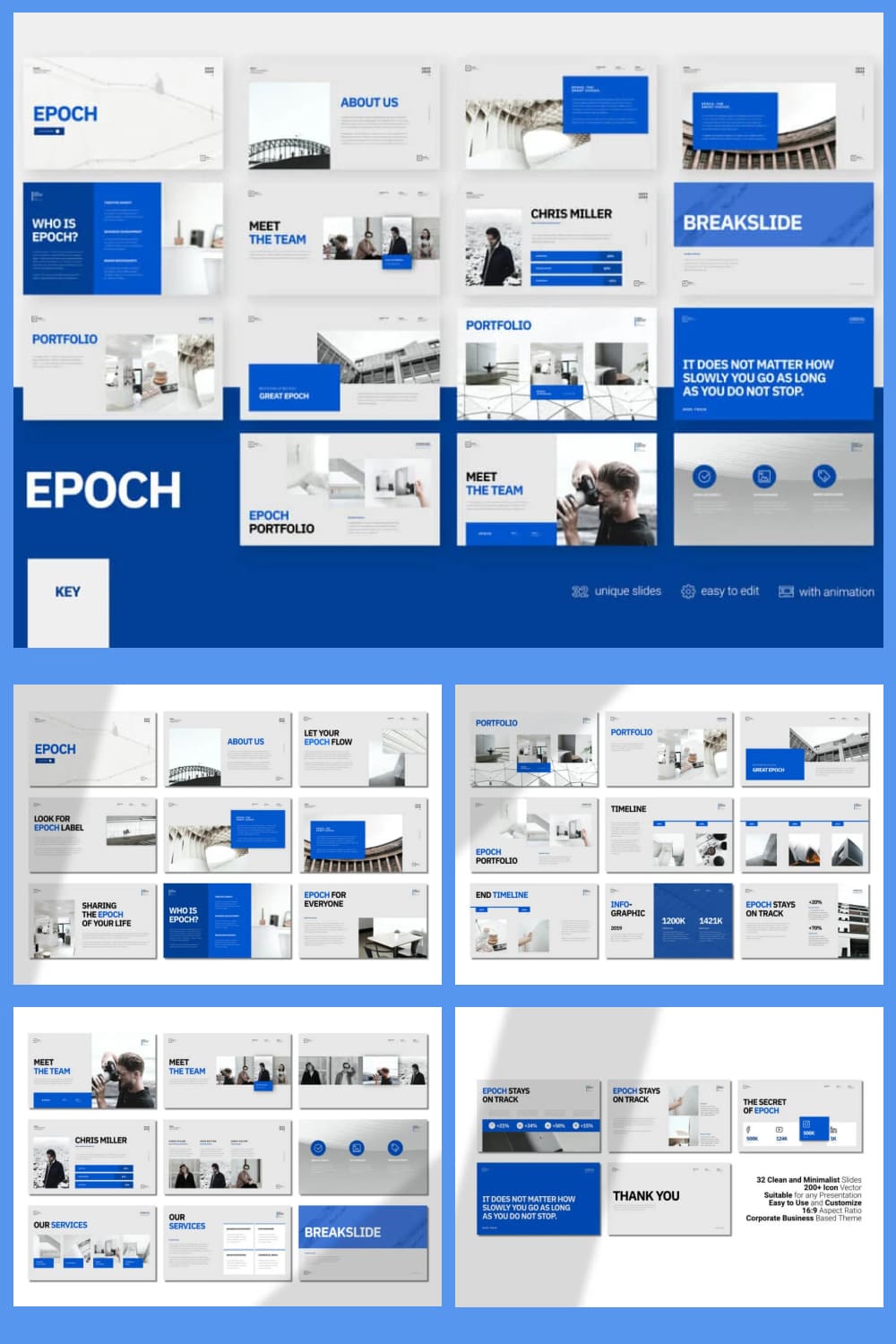 Collage of presentation pages with vertical orientation, white background and blue graphics.