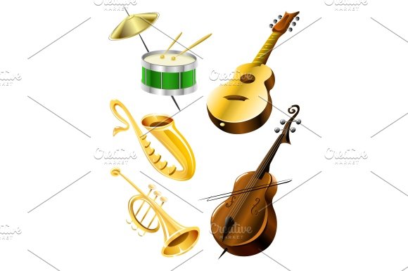 Drum, guitar, tramble, sax, kontrabas music instruments cover image.