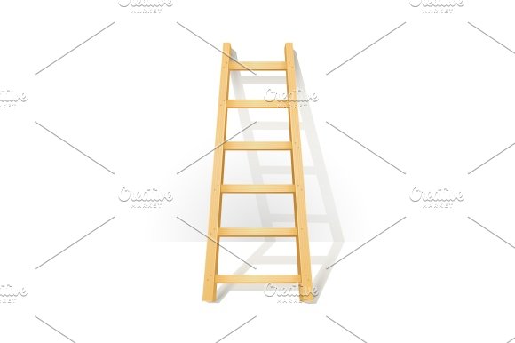 Wooden step ladders stand near white wall cover image.