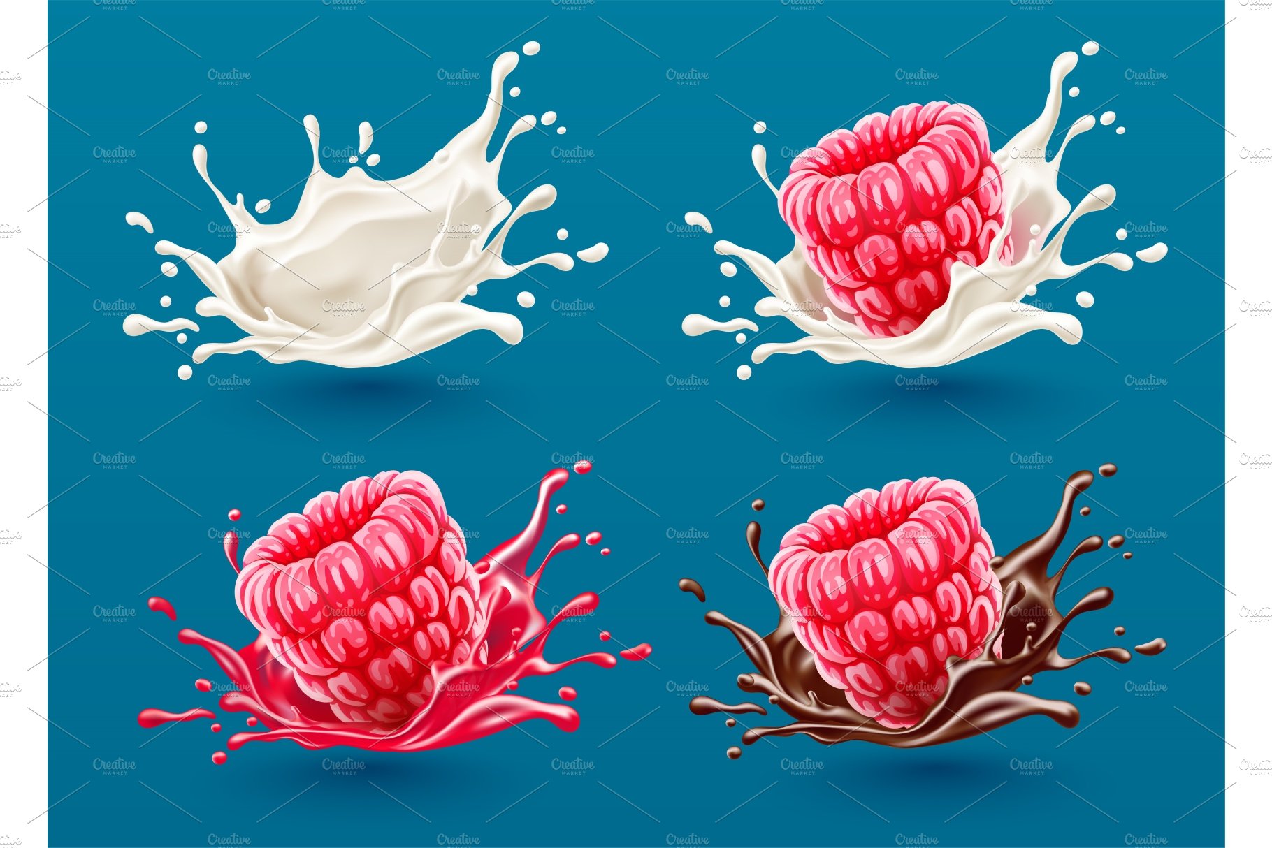 Set of raspberry berries in milk cover image.