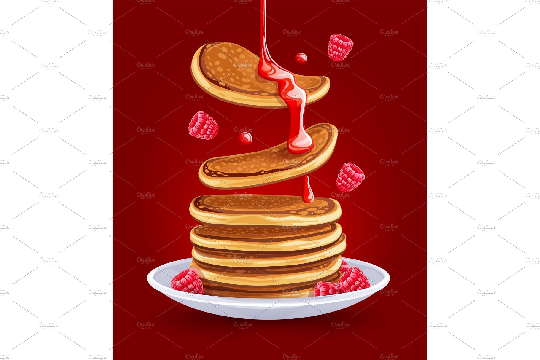 Pancakes with raspberries and maple. cover image.