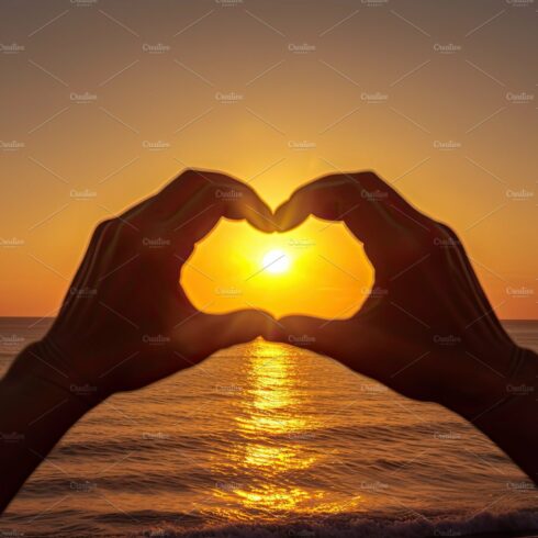 Silhouette Hands in shape of love heart at sunset or sunrise. Ge cover image.