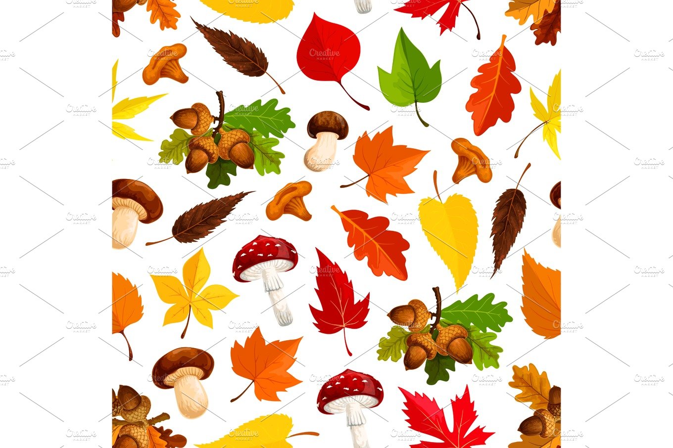 Autumn leaf, mushroom seamless pattern background cover image.