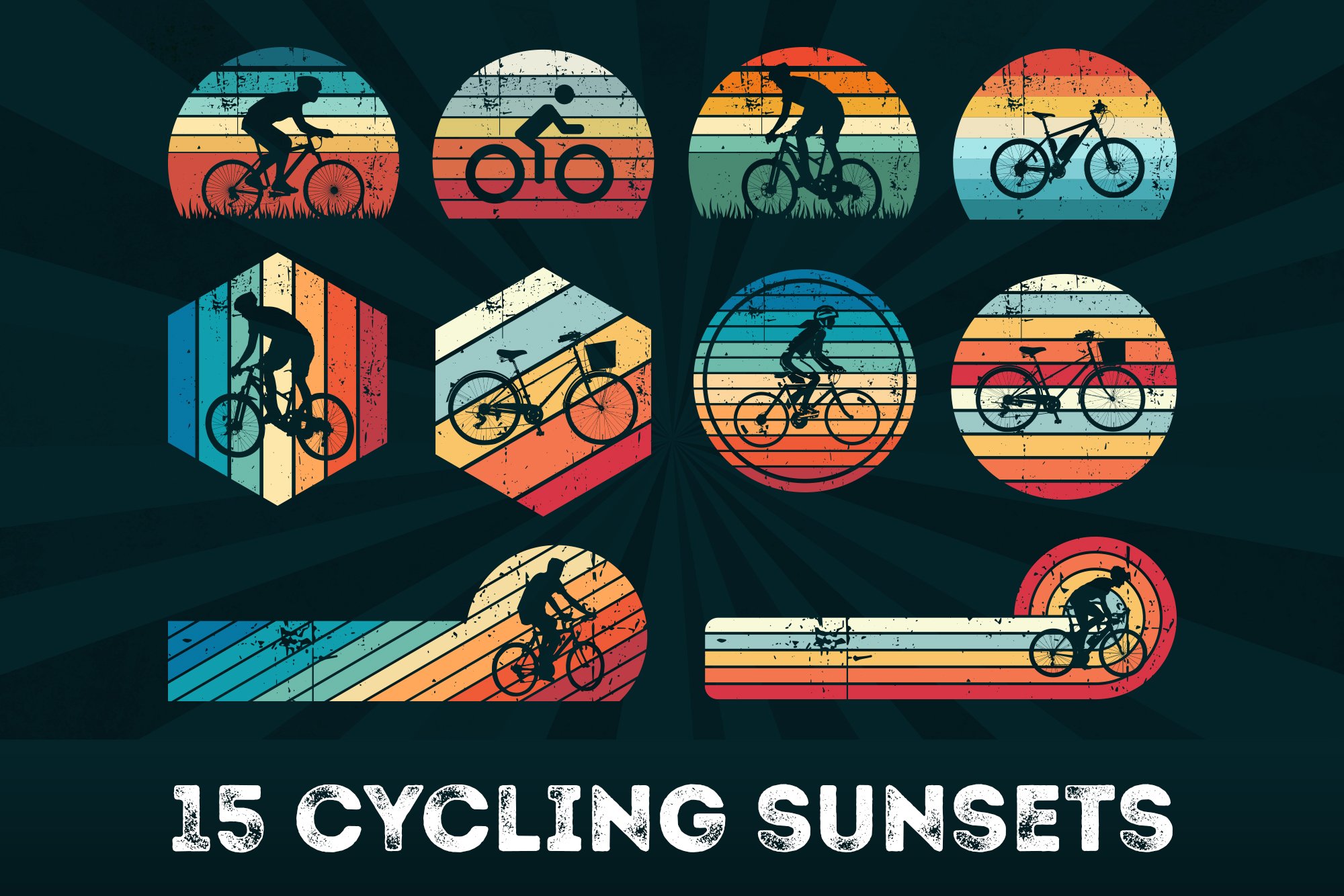 15 Cycling Retro Sunsets Bundle SVG cover image.