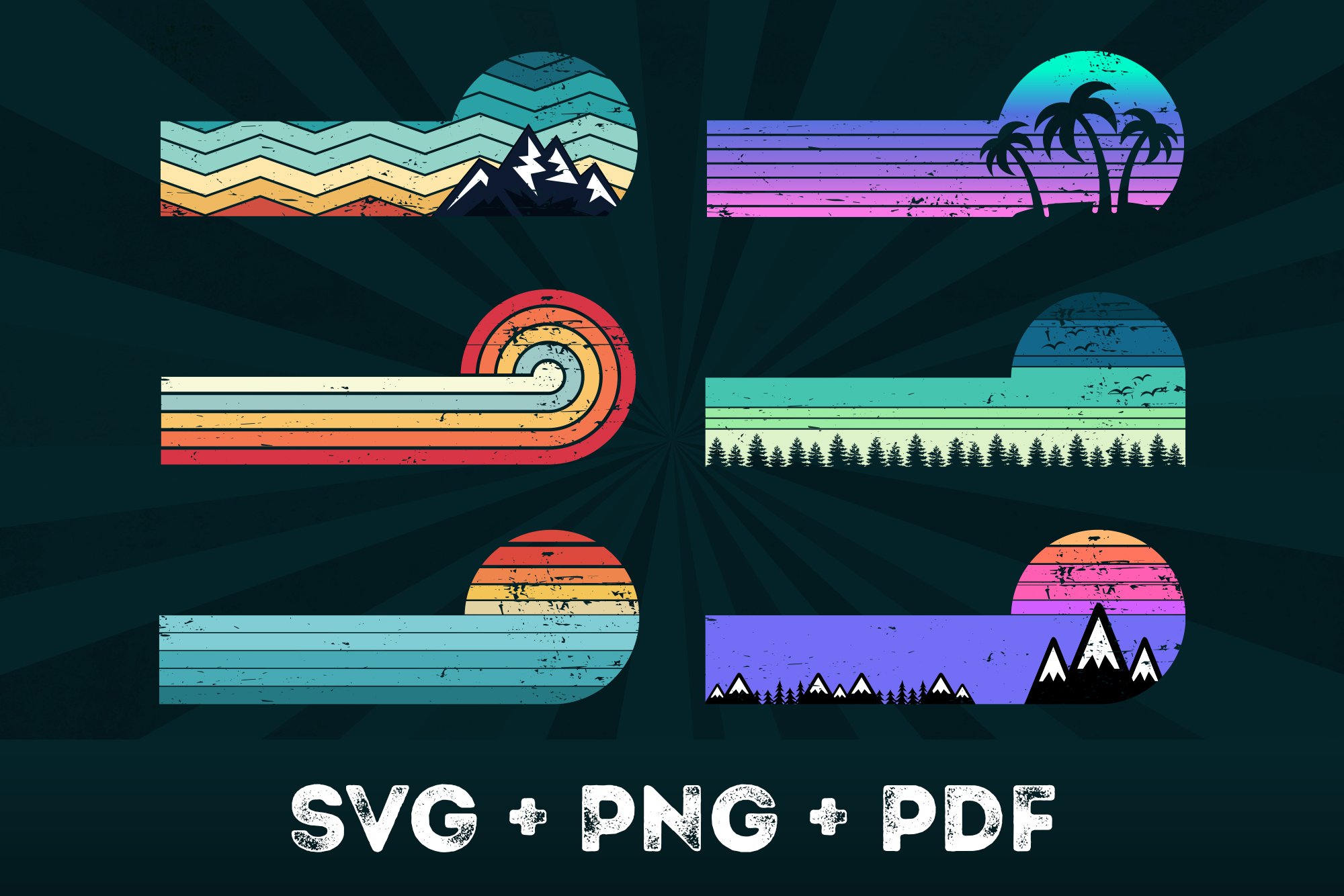 9 Horizontal Sunsets Bundle SVG PNG cover image.