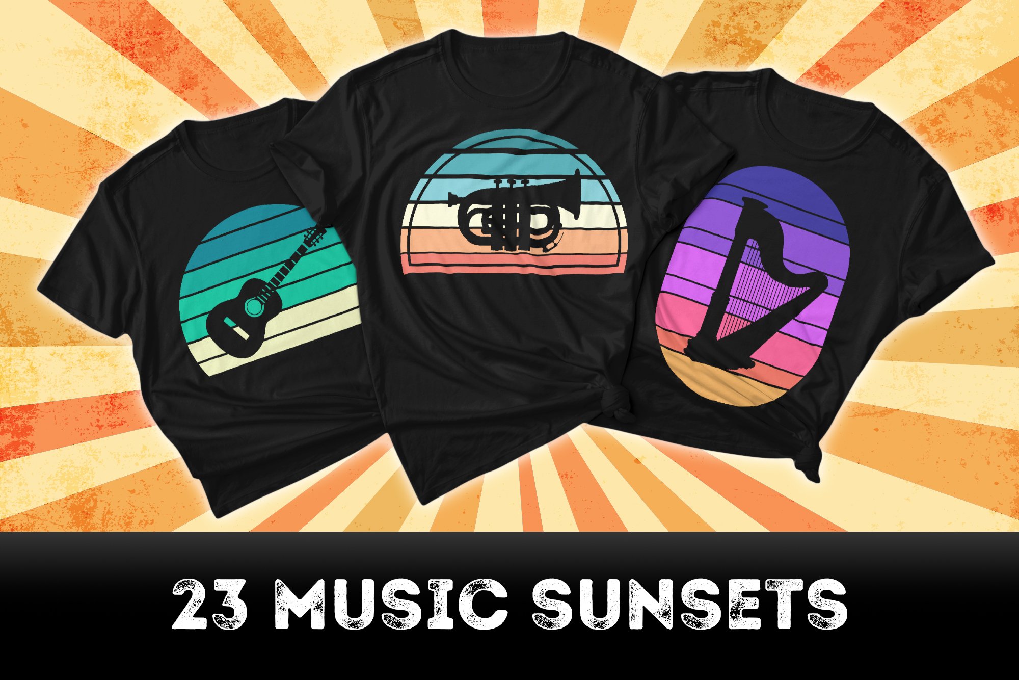 23 Print on Demand Music Sunsets SVG cover image.