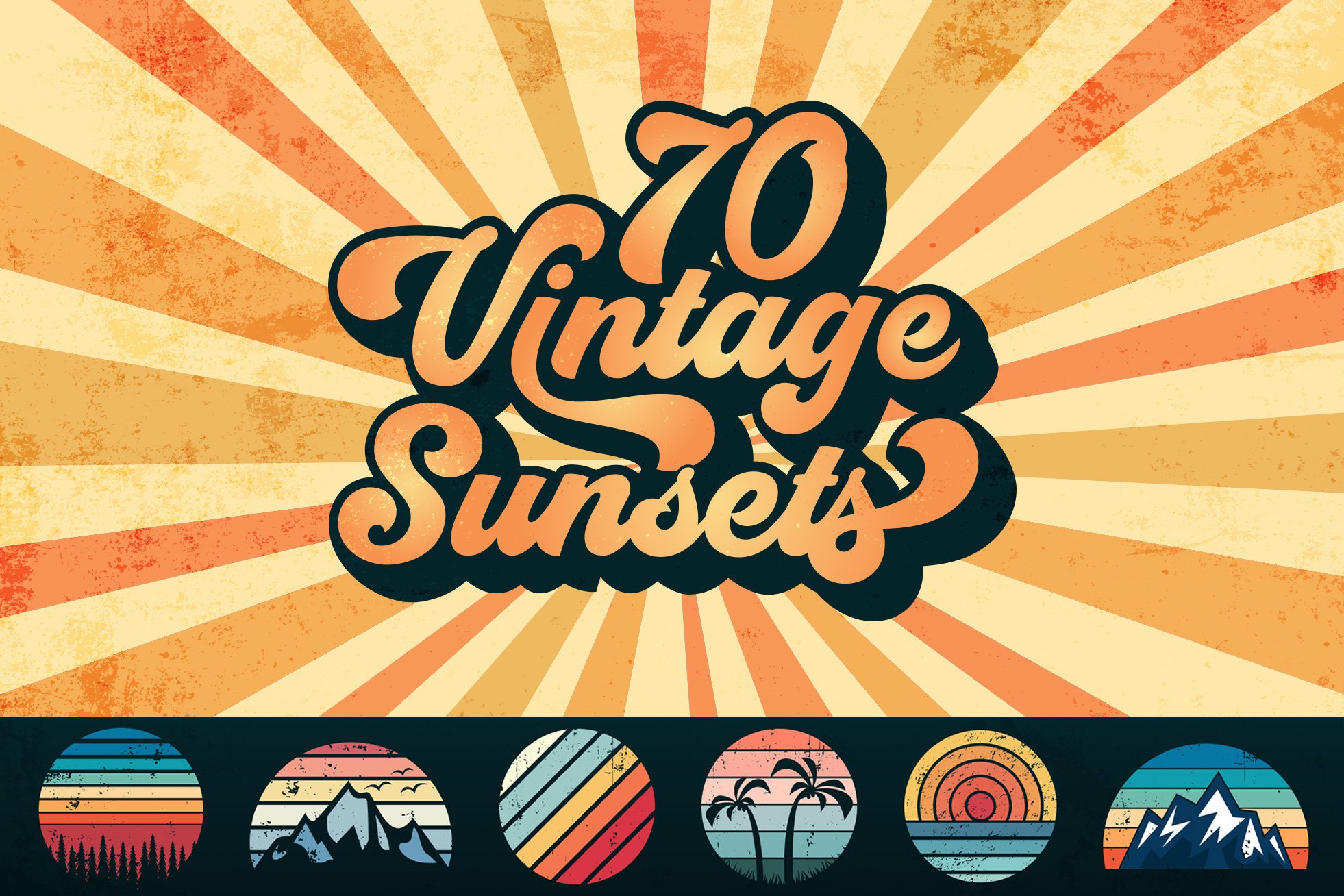 70 Vintage Sunset Bundle SVG PNG PDF cover image.