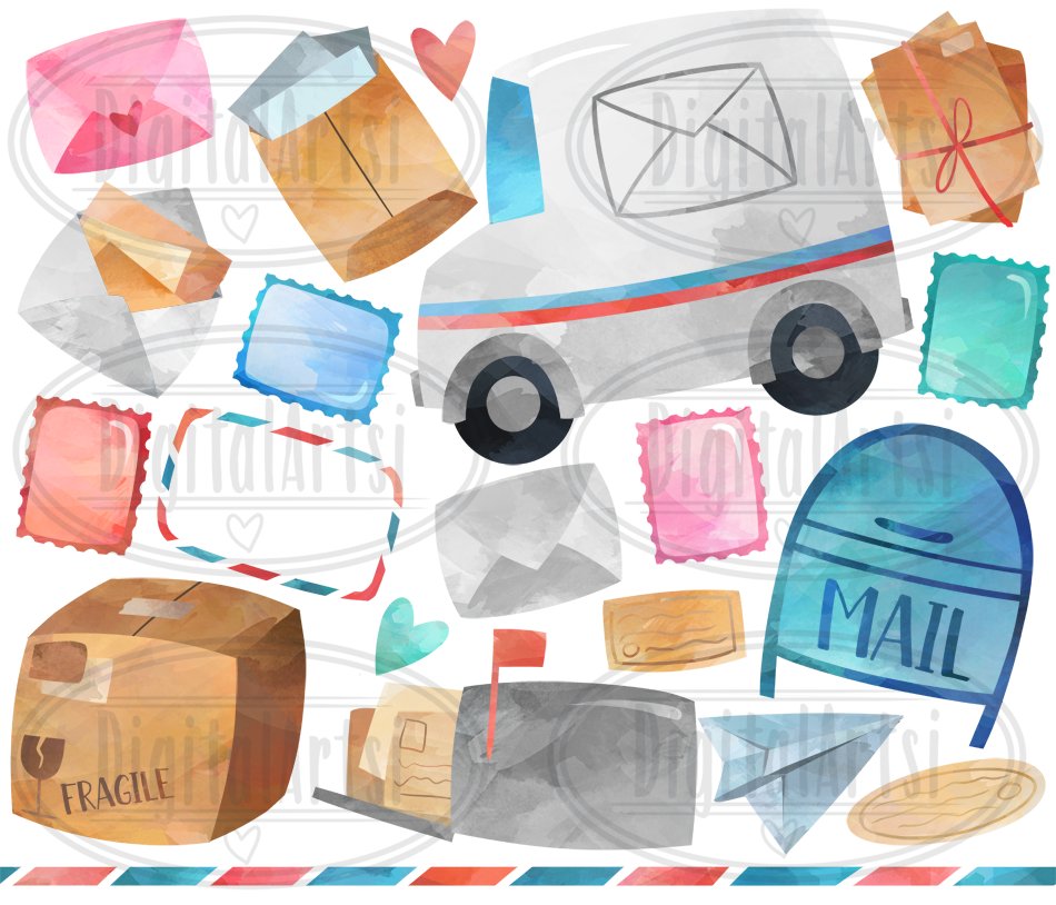 Watercolor Postage Clipart preview image.