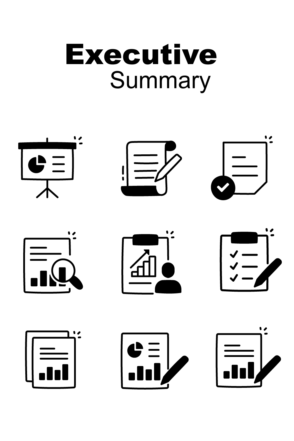 Executive Summary Report Icons: Key Findings, Insights, Management Summary, and Business Overview Concepts Editable Stroke Icons pinterest preview image.