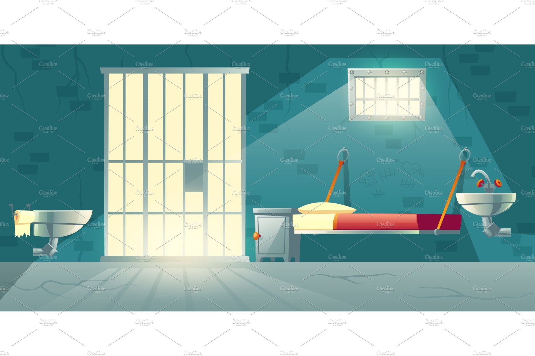 Prison single cell interior cartoon cover image.