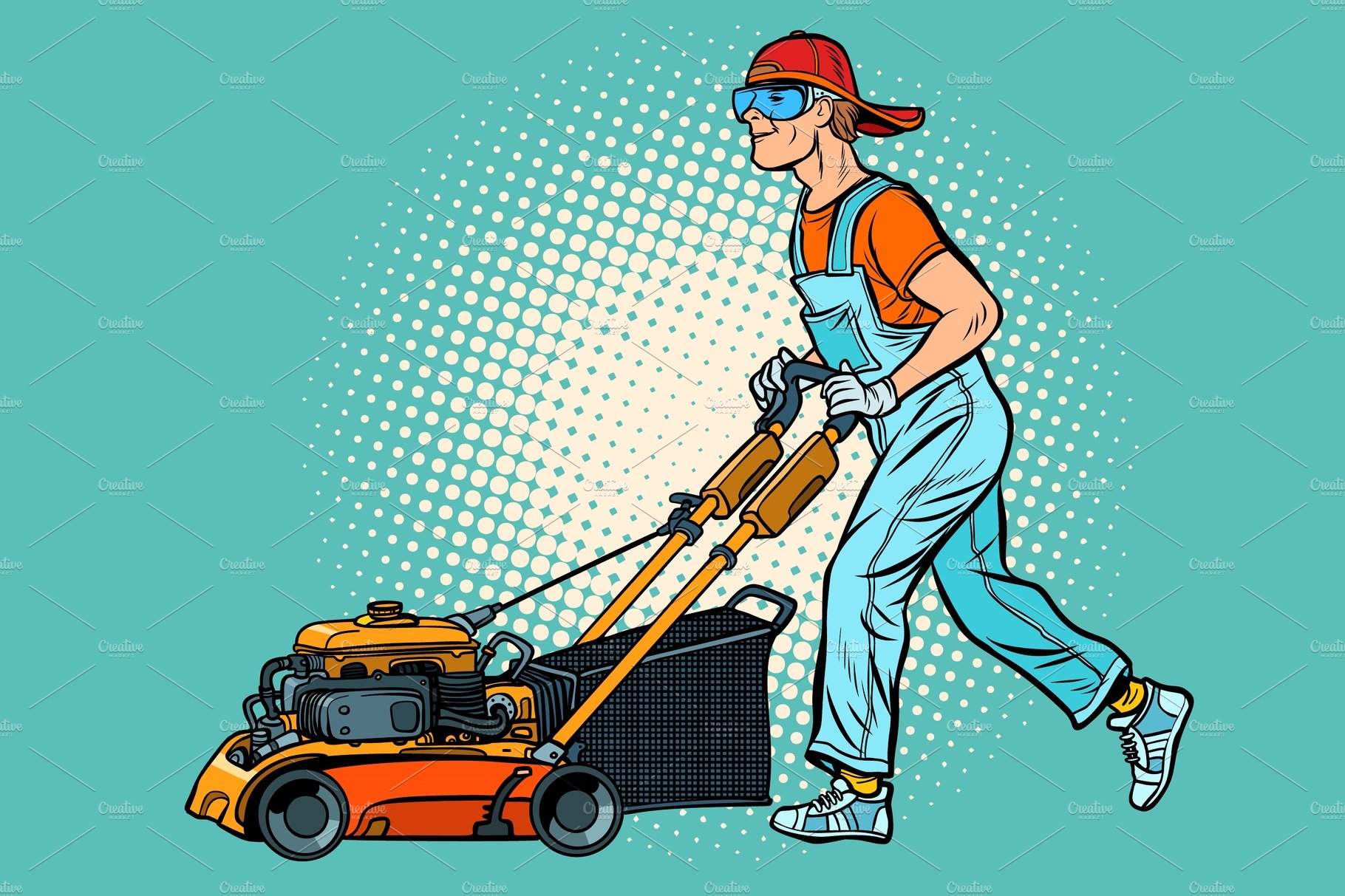 lawn mower worker. Profession and cover image.