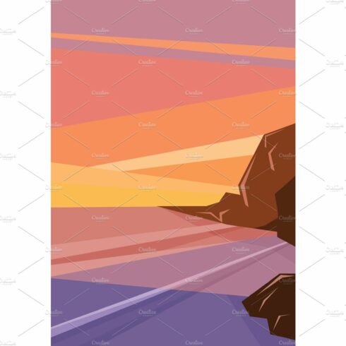 fantasy tropic ocean cost sunset with rocks on horizont cover image.